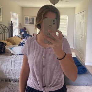 Medium Purple Tee with fake buttons and tie at the bottom